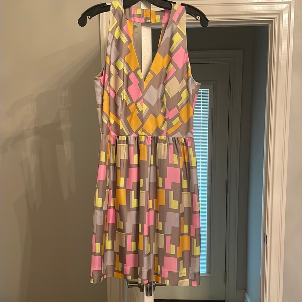 Milly Geometric Midi Dress in Pink, Yellow & Gray